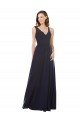 Azul marina oscuro línea A Cuello en V Gasa Encaje Largo Vestidos de dama de honor Descuento