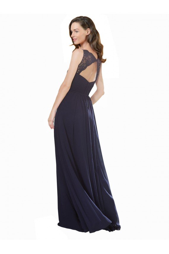 Azul marina oscuro línea A Cuello en V Gasa Encaje Largo Vestidos de dama de honor Descuento