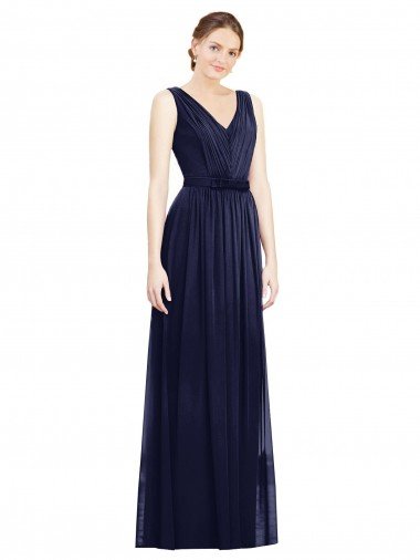 Azul marina oscuro línea A Cuello en V Gasa Largo Vestidos de dama de honor Descuento