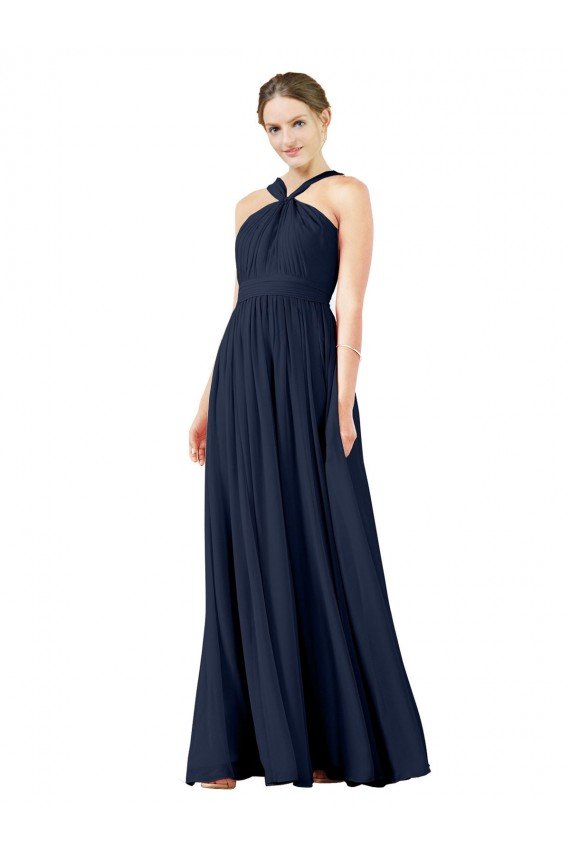 Azul marina oscuro línea A Cuello en V Gasa Largo Vestidos de dama de honor Descuento