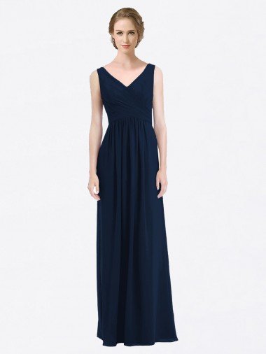 Azul marina oscuro línea A Cuello en V Gasa Largo Vestidos de dama de honor Descuento