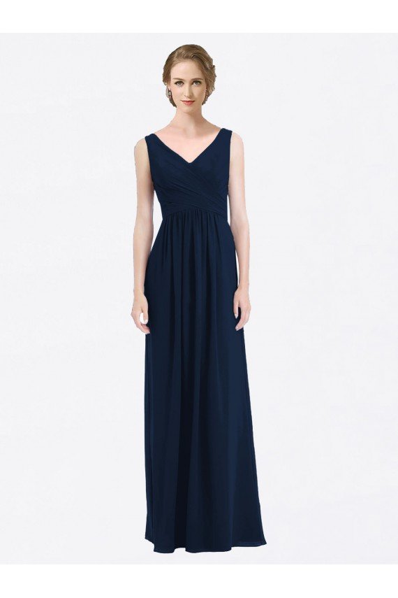 Azul marina oscuro línea A Cuello en V Gasa Largo Vestidos de dama de honor Descuento