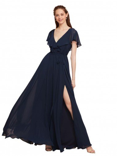 Azul marina oscuro línea A Cuello en V Gasa Largo Vestidos de dama de honor Descuento
