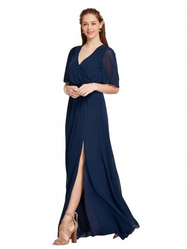 Azul marina oscuro línea A Cuello en V Gasa Largo Vestidos de dama de honor Descuento