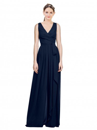 Azul marina oscuro línea A Cuello en V Gasa Largo Vestidos de dama de honor Descuento