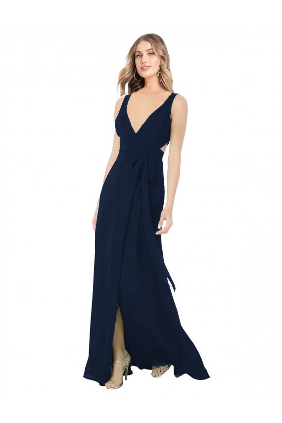 Azul marina oscuro línea A Cuello en V Gasa Largo Vestidos de dama de honor Descuento
