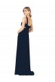 Azul marina oscuro línea A Cuello en V Gasa Largo Vestidos de dama de honor Descuento