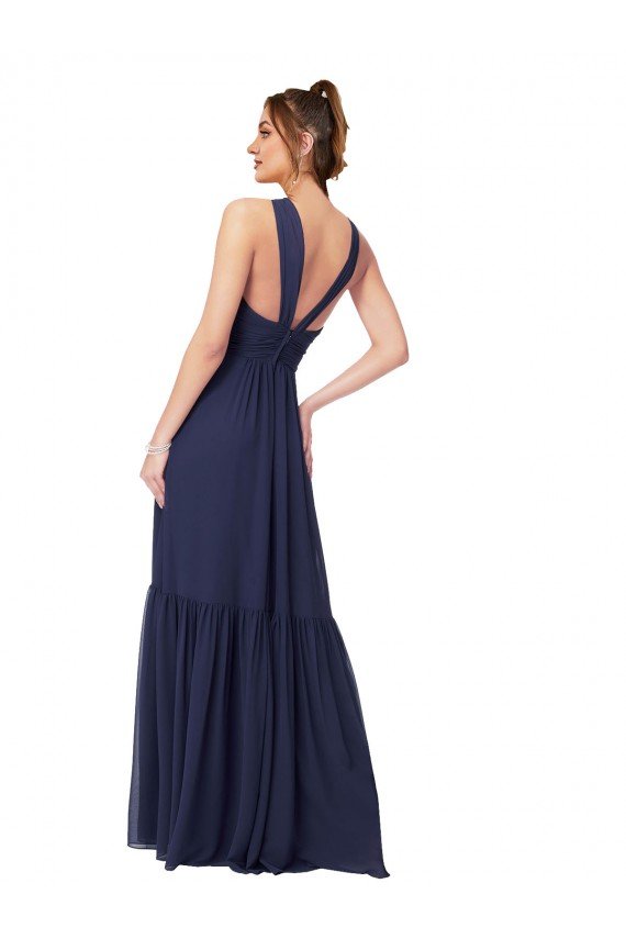 Azul marina oscuro línea A Cuello en V Gasa Largo Vestidos de dama de honor Descuento