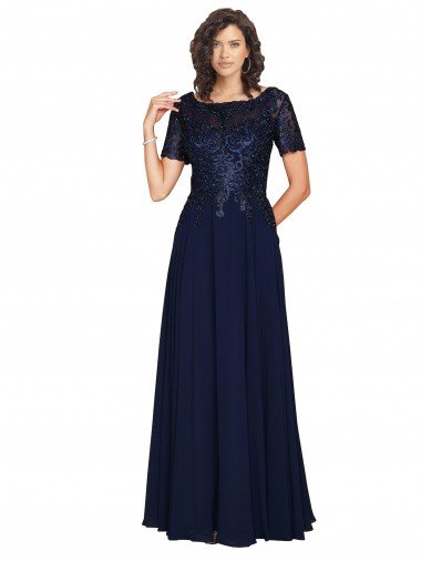 Azul marina oscuro línea A Cuello redondo Gasa Largo Vestidos de dama de honor / Vestidos de fiesta Descuento