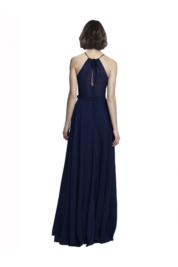 Azul marina oscuro línea A Halter Cuello Alto Gasa Largo Vestidos de dama de honor Descuento