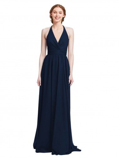 Azul marina oscuro línea A Halter Cuello en V Gasa Largo Vestidos de dama de honor Descuento