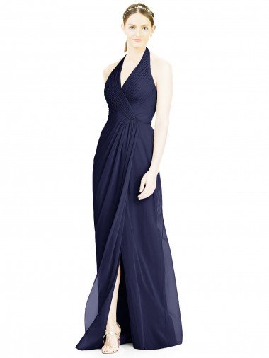 Azul marina oscuro línea A Halter Cuello en V Gasa Largo Vestidos de dama de honor Descuento