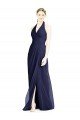 Azul marina oscuro línea A Halter Cuello en V Gasa Largo Vestidos de dama de honor Descuento