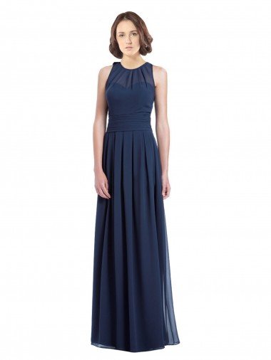 Azul marina oscuro línea A Halter Gasa Largo Vestidos de dama de honor Descuento
