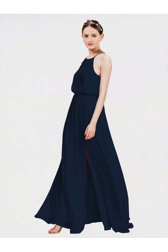 Azul marina oscuro línea A Halter Gasa Largo Vestidos de dama de honor Descuento