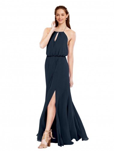 Azul marina oscuro línea A Halter Gasa Largo Vestidos de dama de honor Descuento