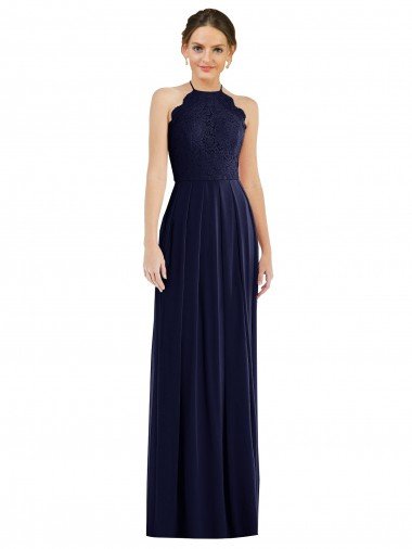 Azul marina oscuro línea A Halter Gasa Largo Vestidos de dama de honor Descuento