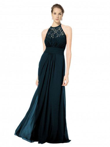 Azul marina oscuro línea A Halter Ilusión Gasa Encaje Largo Vestidos de dama de honor Descuento