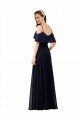 Azul marina oscuro línea A Hombros Descubiertos Cuello en V Gasa Largo Vestidos de dama de honor Descuento