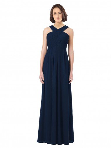 Azul marina oscuro línea A Hombros Descubiertos Gasa Largo Vestidos de dama de honor Descuento