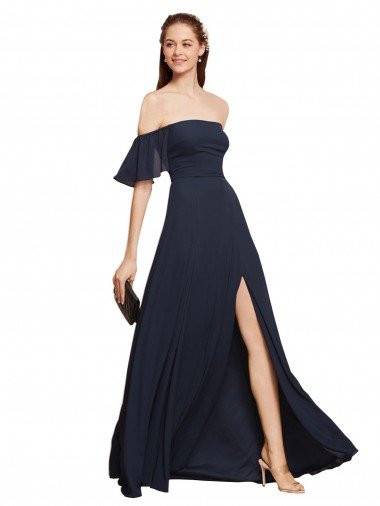 Azul marina oscuro línea A Hombros Descubiertos Gasa Largo Vestidos de dama de honor / Vestidos de fiesta Descuento