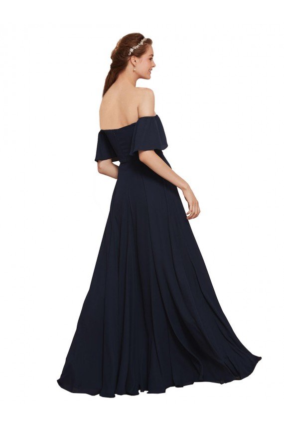Azul marina oscuro línea A Hombros Descubiertos Gasa Largo Vestidos de dama de honor / Vestidos de fiesta Descuento