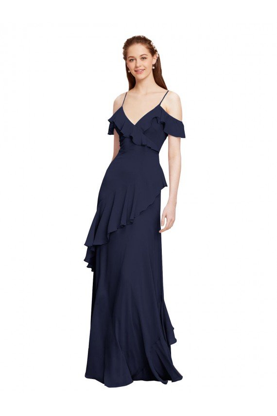 Azul marina oscuro línea A Hombros Descubiertos Tirantes espagueti Gasa Largo Vestidos de dama de honor Descuento