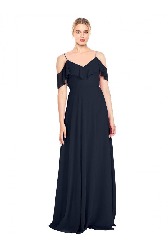 Azul marina oscuro línea A Hombros Descubiertos Tirantes espagueti Gasa Largo Vestidos de dama de honor Descuento