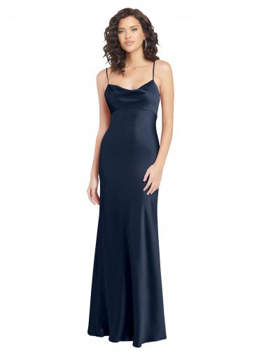 Azul marina oscuro línea A Satén elástico Largo Formales Vestidos de dama de honor / Vestidos de fiesta Descuento