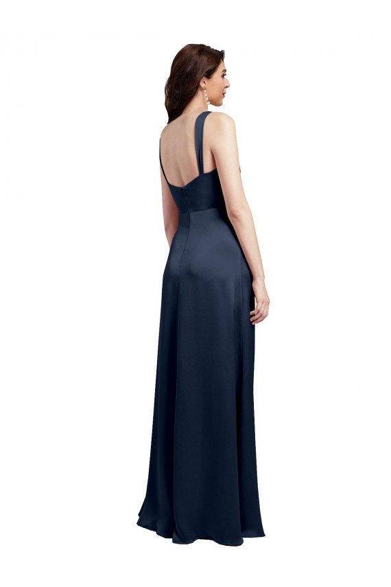 Azul marina oscuro línea A Satén elástico Largo Formales Vestidos de dama de honor / Vestidos de fiesta Descuento