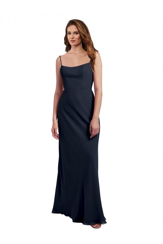 Azul marina oscuro línea A Tirantes espagueti Cucharón Gasa Largo Vestidos de dama de honor Descuento