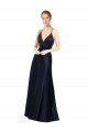 Azul marina oscuro línea A Tirantes espagueti Cuello en V Satén Largo Vestidos de dama de honor / Vestidos de fiesta Descuento