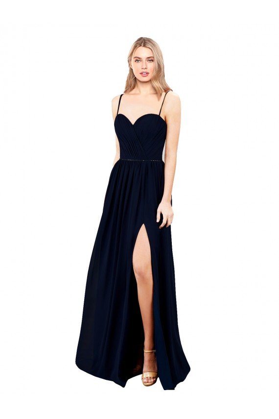 Azul marina oscuro línea A Tirantes espagueti Gasa Largo Formales Vestidos de dama de honor / Vestidos de noche Descuento