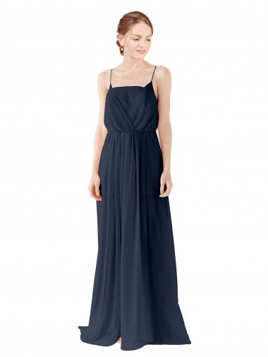 Azul marina oscuro línea A Tirantes espagueti Gasa Largo Vestidos de dama de honor Descuento
