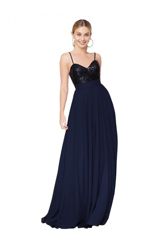 Azul marina oscuro línea A Tirantes espagueti Gasa Lentejuela Largo Vestidos de dama de honor / Vestidos de fiesta Descuento