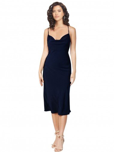 Azul marina oscuro línea A Tirantes espagueti Midi Satén sedoso Corto Formales Vestidos de dama de honor / Vestidos de fiesta / Vestidos de cóctel Descuento