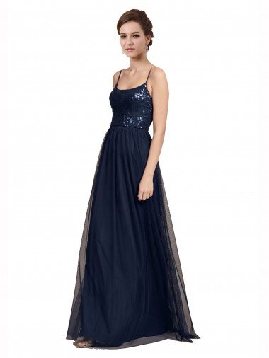 Azul marina oscuro línea A Tirantes espagueti Tul Encaje Largo Vestidos de dama de honor Descuento