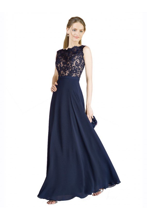 Azul marina oscuro línea A Ilusión Gasa Encaje Largo Vestidos de dama de honor / Vestidos de fiesta Descuento