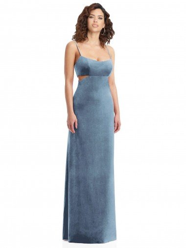 Azul polvoriento Cubierta Cuadrado Terciopelo Elástico Largo Formales Vestidos de dama de honor / Vestidos de fiesta Descuento