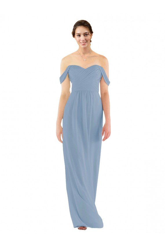 Azul polvoriento Cubierta Hombros Descubiertos Gasa Largo Vestidos de dama de honor Descuento