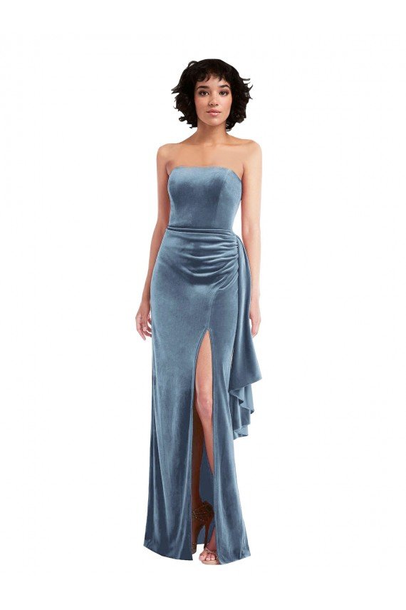 Azul polvoriento Cubierta Sin tirantes Terciopelo Elástico Largo Formales Vestidos de dama de honor / Vestidos de fiesta Descuento