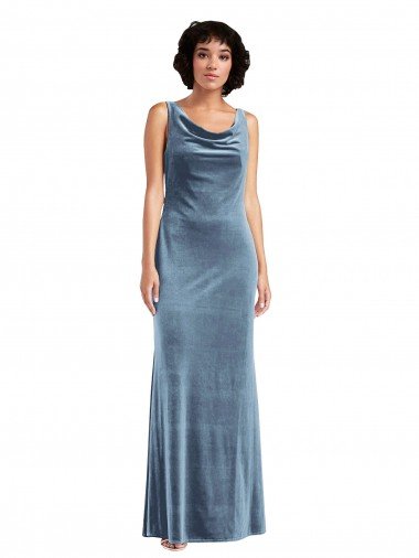 Azul polvoriento Cubierta Terciopelo Elástico Largo Vestidos de dama de honor / Vestidos de fiesta Descuento