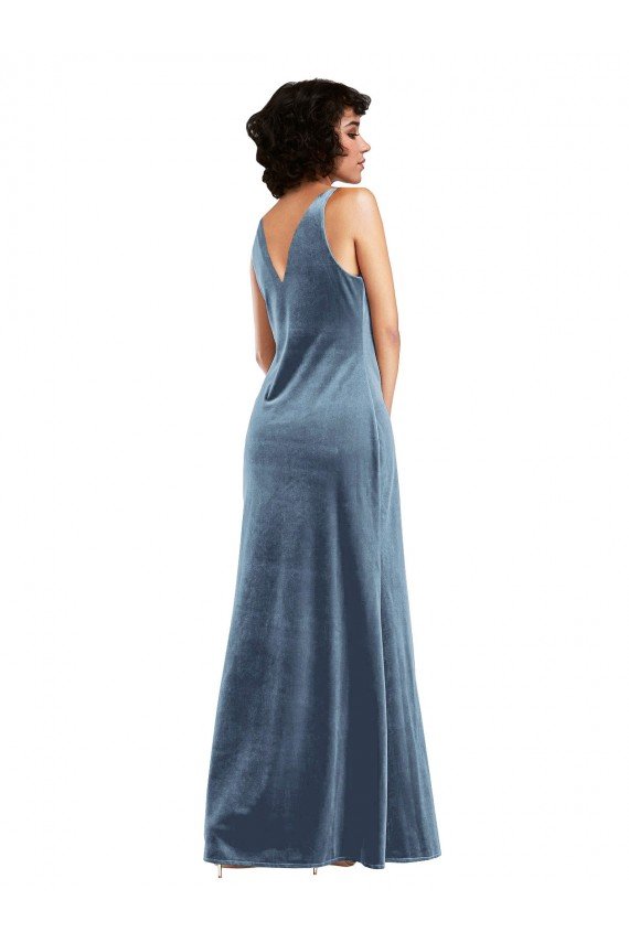 Azul polvoriento Cubierta Terciopelo Elástico Largo Vestidos de dama de honor / Vestidos de fiesta Descuento
