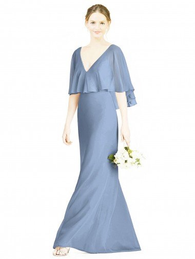 Azul polvoriento Trompeta Cuello en V Gasa Largo Vestidos de dama de honor Descuento
