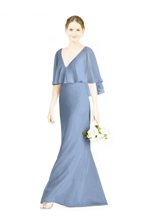 Azul polvoriento Trompeta Cuello en V Gasa Largo Vestidos de dama de honor Descuento