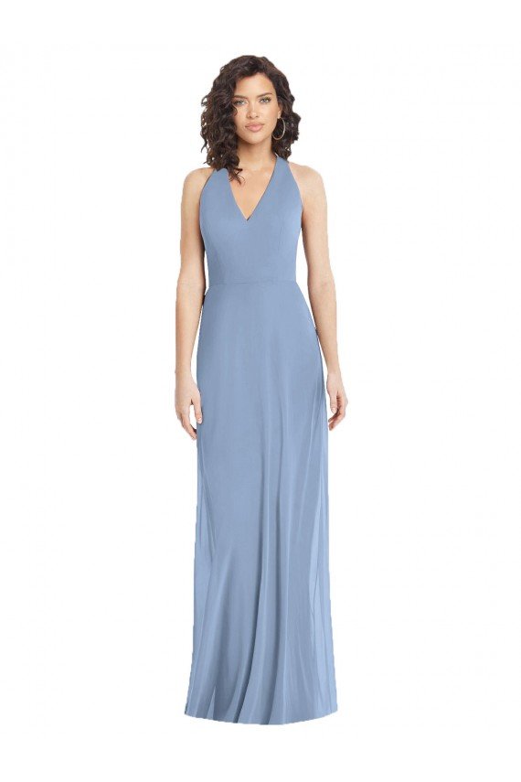 Azul polvoriento Trompeta Halter Cuello en V Gasa Largo Formales Vestidos de dama de honor / Vestidos de noche Descuento