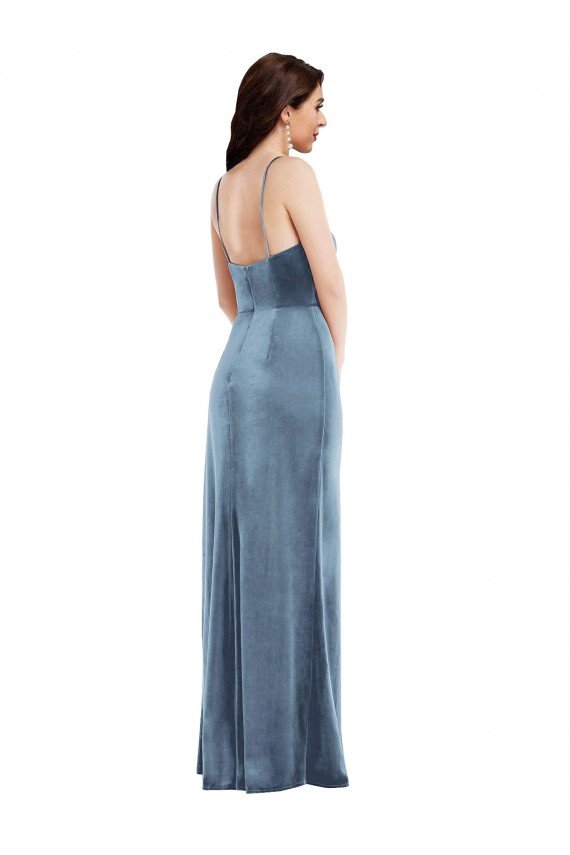 Azul polvoriento Trompeta Tirantes espagueti Terciopelo Elástico Largo Formales Vestidos de dama de honor / Vestidos de fiesta Descuento