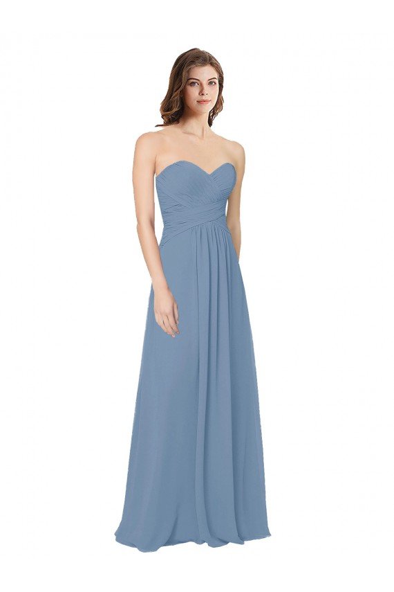 Azul polvoriento línea A Cuello de Corazón Gasa Largo Vestidos de dama de honor Descuento