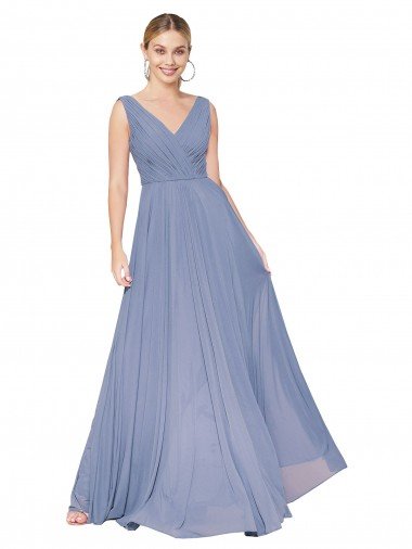 Azul polvoriento línea A Cuello en V Cuello Alto Gasa Largo Formales Vestidos de dama de honor / Vestidos de fiesta Descuento