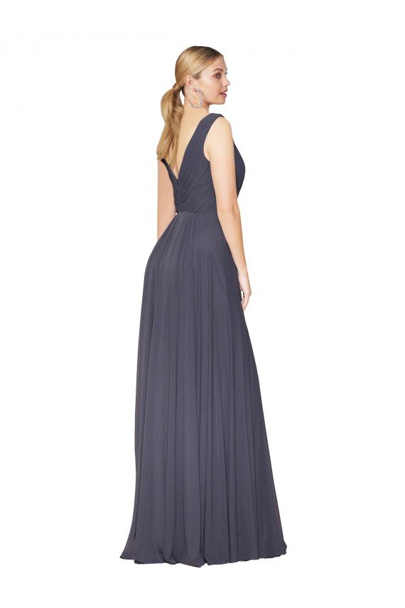 Azul polvoriento línea A Cuello en V Cuello Alto Gasa Largo Formales Vestidos de dama de honor / Vestidos de fiesta Descuento
